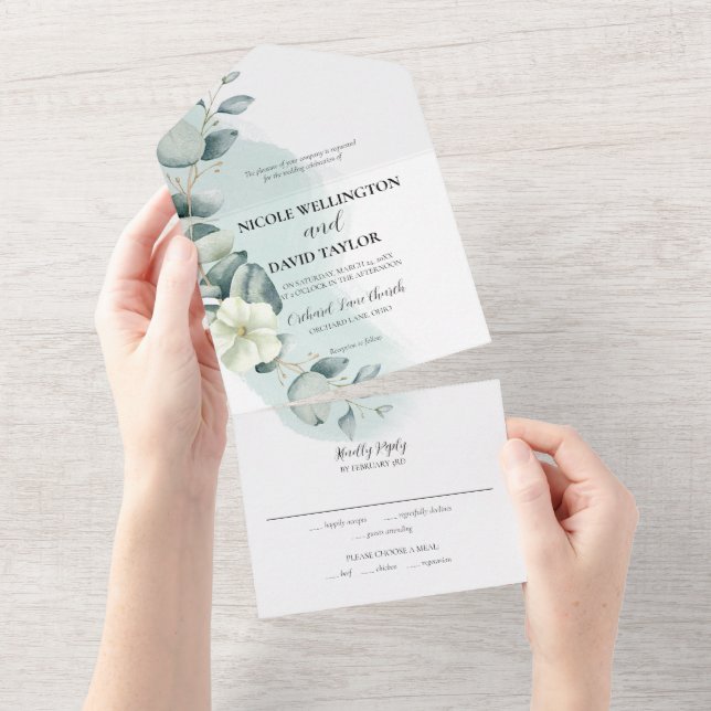Mariage Eucalyptus Sage All in One Invitation (Déchirure)
