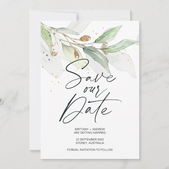 Mariage Eucalyptus vert Sauvez la date Invitation (Devant)