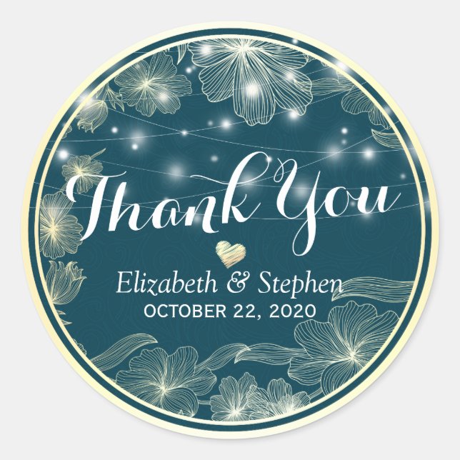 Mariage Favor Merci Sticker Blue Gold Flowers (Devant)