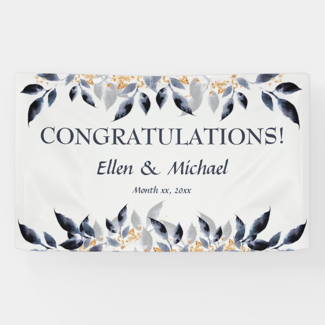 Mariage Félicitations Bannière Elégant Bleu Or (Horizontal)