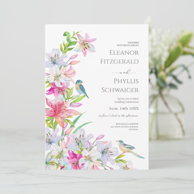 Mariage. Fleurs lis et oiseaux Invitation (Debout devant)