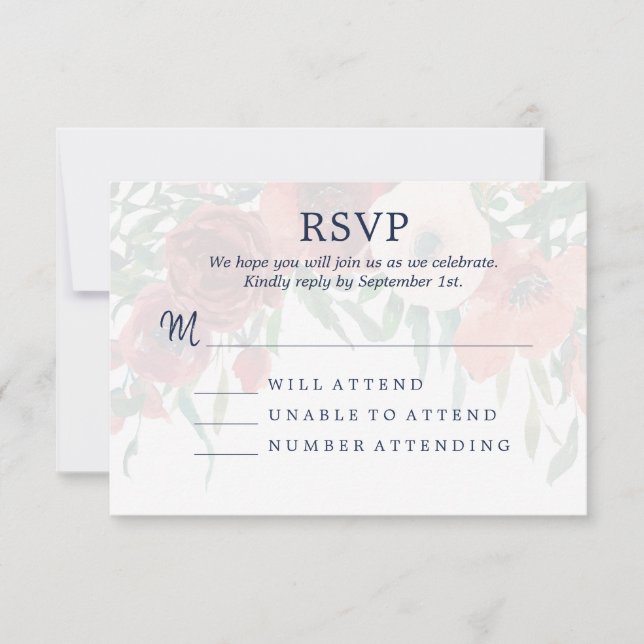 Mariage Floral Aquarelle Bleu Nuit RSVP (Devant)