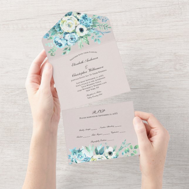 Mariage Floral Blanc Bleu Tout En Une Invitation (Déchirure)