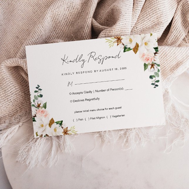 Mariage floral blanc et rose vif Magnolia RSVP (White and Blush Pink Magnolia Floral Wedding RSVP Card)
