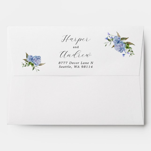 Mariage Floral bleu Enveloppe d'adresse de retour (Dos (Haut rabat))
