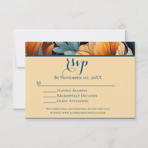 Mariage floral bleu et orange brûlé moderne RSVP
