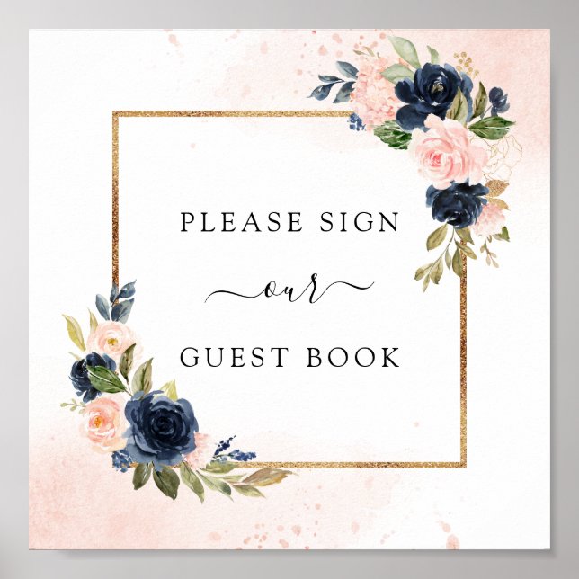 Mariage floral Blush Navy  du livre d'or Carré (Devant)