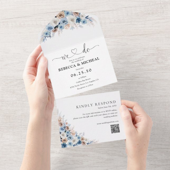 Mariage Floral Boho bleu en une seule invitation (Déchirure)