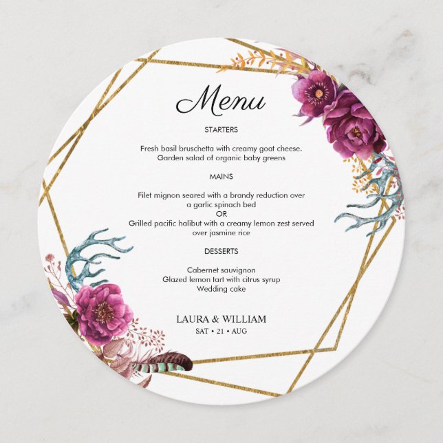 Mariage Floral Bourgogne Menu Rond Pour Plaque (Devant)