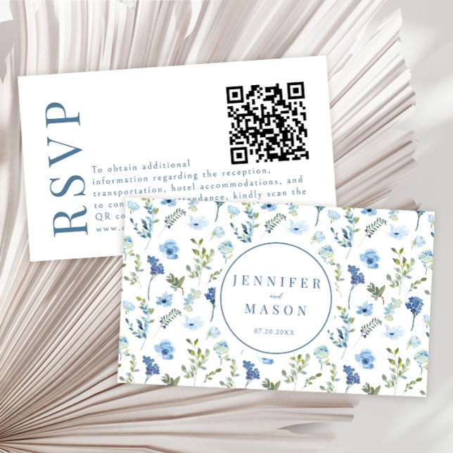 Mariage floral couleur bleu RSVP QR cartes de code (Créateur téléchargé)