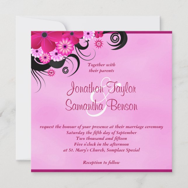 Mariage floral Fuchsia Magenta Light Invitation 5, (Devant)