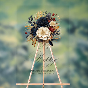 Mariage Floral Gold, Navy et Bourgogne Bienvenue