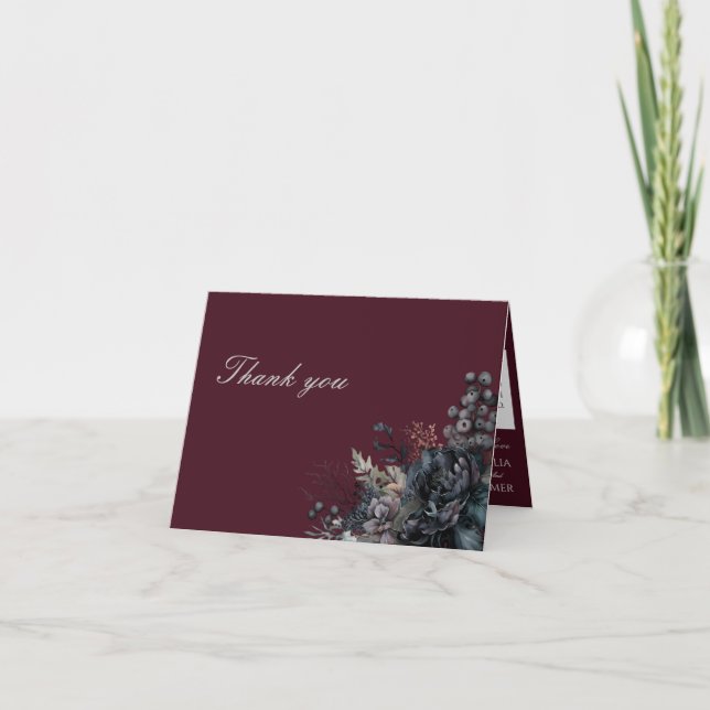 Mariage floral gothique foncé plié Carte de remerc (Devant)