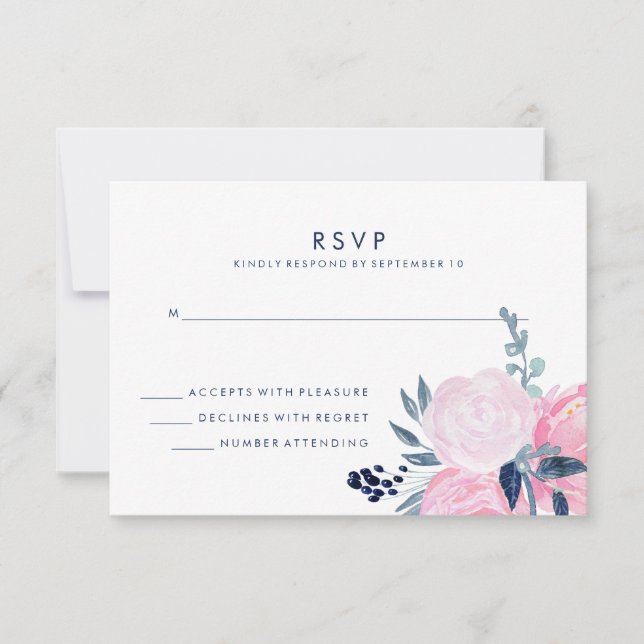 Mariage floral moderne rose et marine RSVP (Devant)