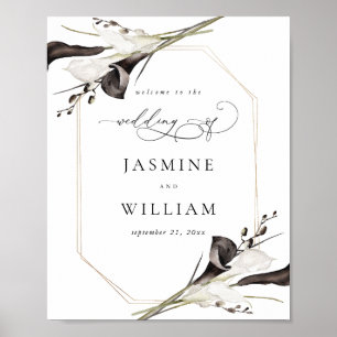 Mariage floral noir et blanc Affiche de bienvenue 
