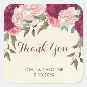 mariage floral rose bordeaux merci autocollant