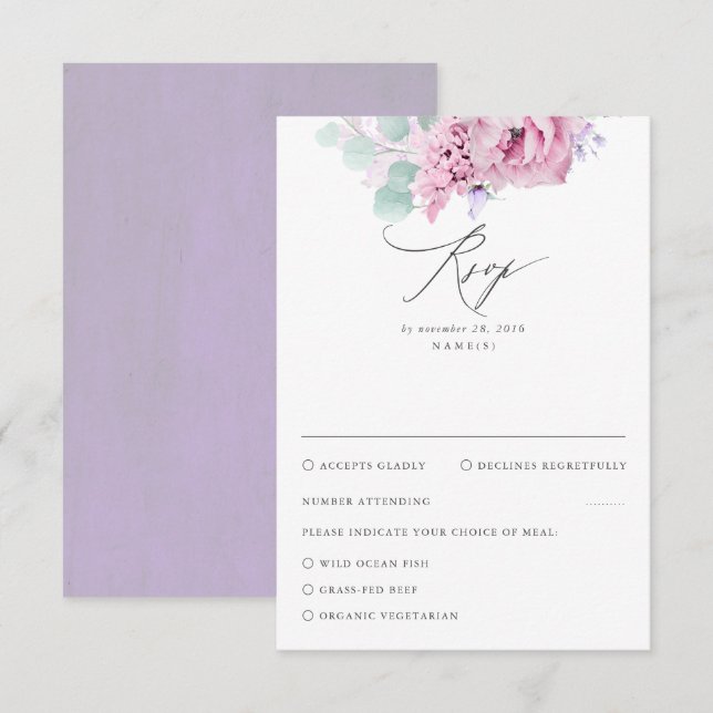 Mariage floral rose pourpre Dusty RSVP (Devant / Derrière)