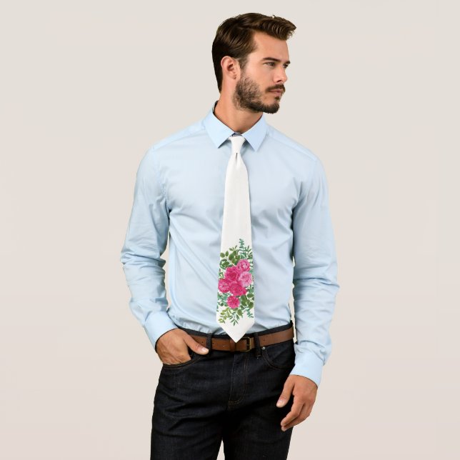 Mariage floral rose vif Cravate masculine (En situation)