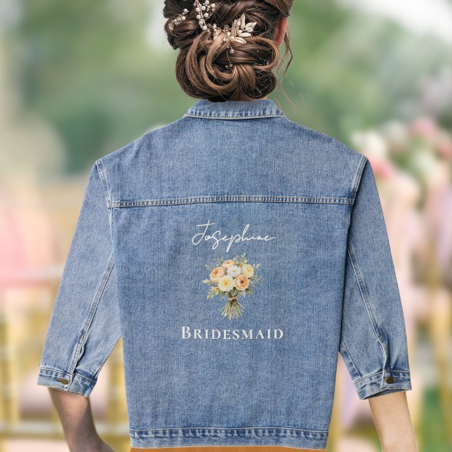 Mariage Floral Rustique (A denim jacket especially for a bridesmaid, with peach, yellow and white roses and customizable name)