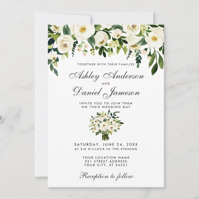 Mariage Floral Vert Aquarelle blanche Invitation (Devant)