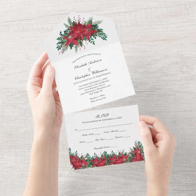 Mariage Floral Vert Rouge Tout en une invitation (Déchirure)