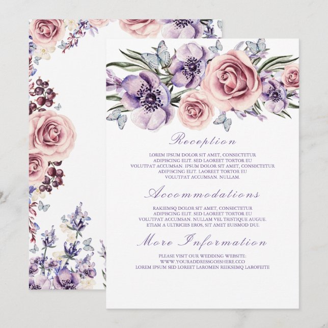 Mariage floral violet Informations Carte d'invité (Devant / Derrière)