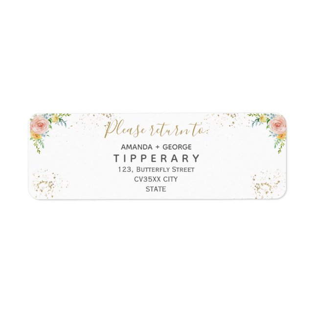 Mariage foral et or | Étiquette d'adresse de retou (Devant)