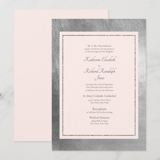 Mariage formel et élégant Invitation rose et argen (Devant / Derrière)