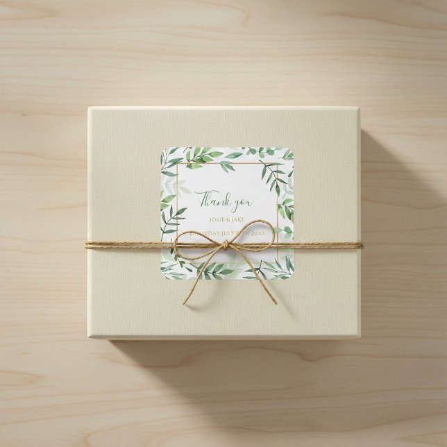 Mariage frontalier feuille vert merci autocollant (Green leaves border wedding thank you sticker.)