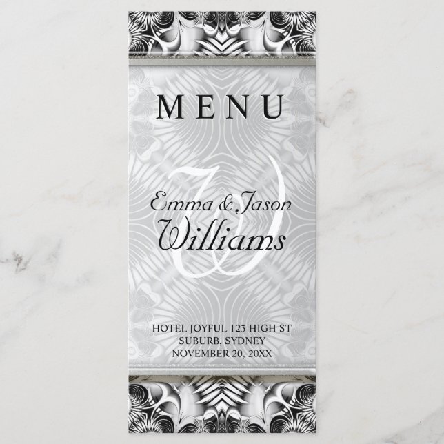 Mariage géométrique Exotique blanc & gris Menu Mot (Devant)