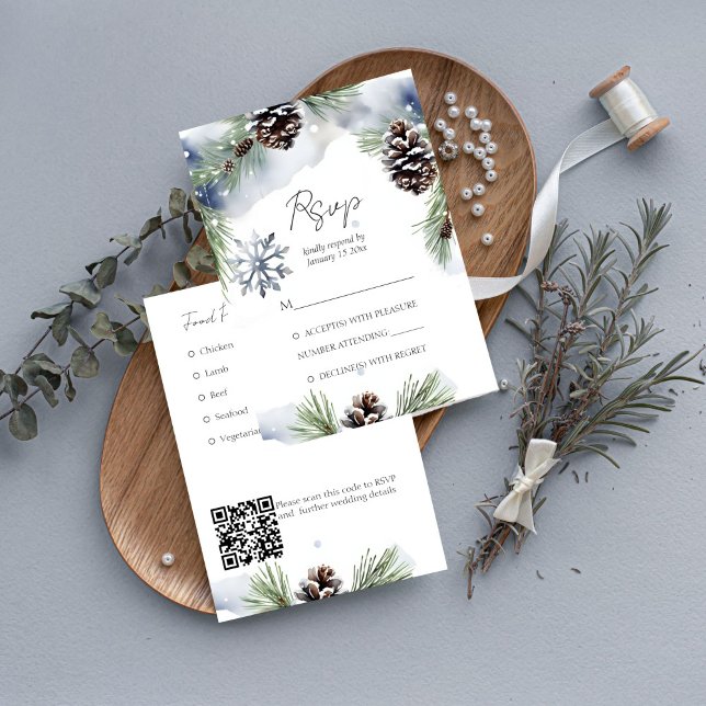 Mariage hiver aquarelle neige pins modèle (Snowy pines winter wedding RSVP card with QR at the back watercolor pines with pine cones)