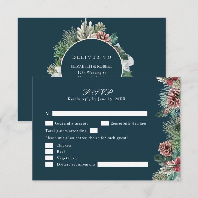 Mariage hiver verdure carte RSVP (Devant / Derrière)