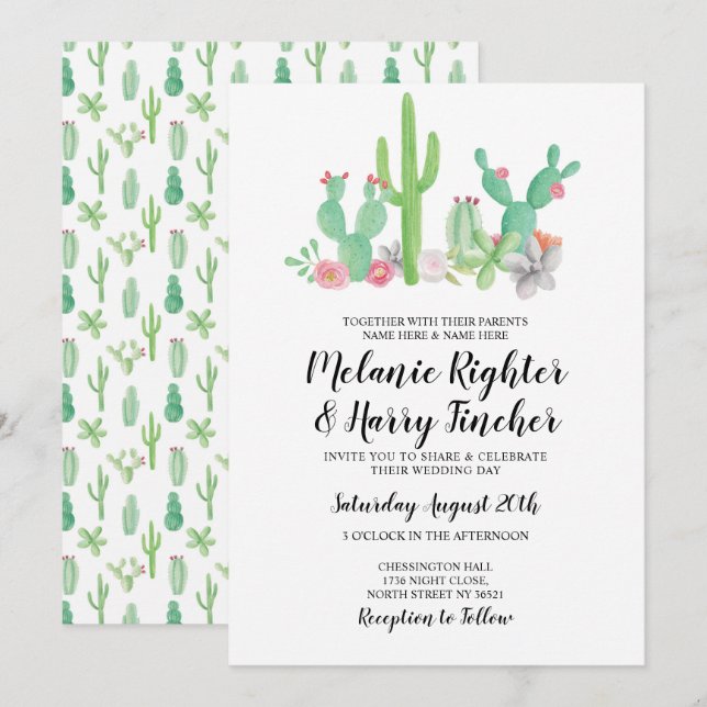 Mariage Inviter Cactus Invitation floral aquarelle (Devant / Derrière)