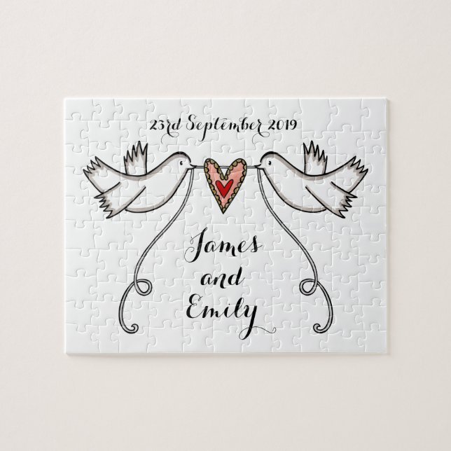 Mariage Jigsaw Puzzle Doves blanches personnalisée (Horizontal)