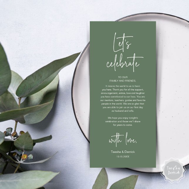 Mariage Lieu Cadre Dîner Fête Carte de remerciemen (Modern Wedding Dinner Place Setting Dinner Party Thank You Card, Let's Celebrate, Forest Sage Green)