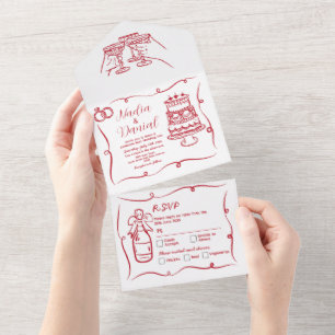 Mariage main tiré Whimsical Red Invitation et RSVP