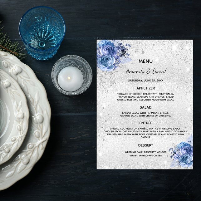 Mariage Menu bleu argenté floraux élégant (Créateur téléchargé)