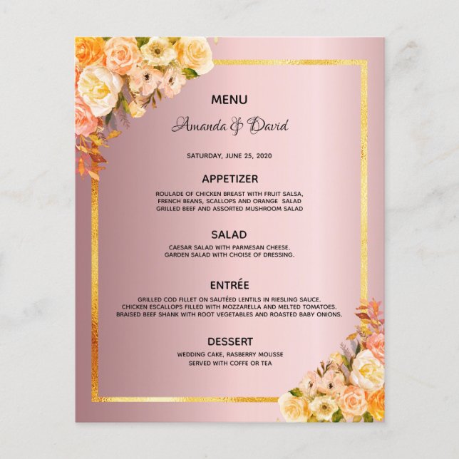 Mariage Menu fleurons roses rose glam poussiéreux  (Devant)