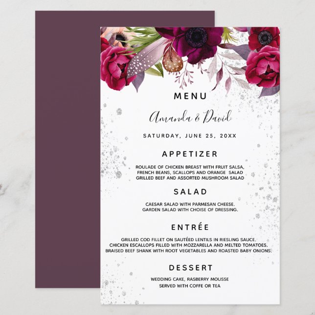 Mariage Menu floraux blanc bordeaux violet parties (Devant / Derrière)