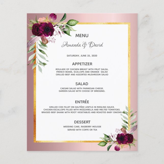 Mariage Menu floraux bordeaux duvet rose élégant (Devant)