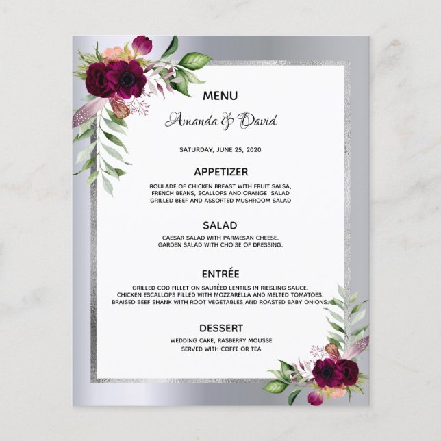 Mariage Menu flores bordeaux argent élégant (Devant)