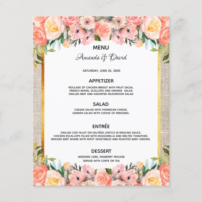 Mariage Menu flûte rose burlap Rustique (Devant)