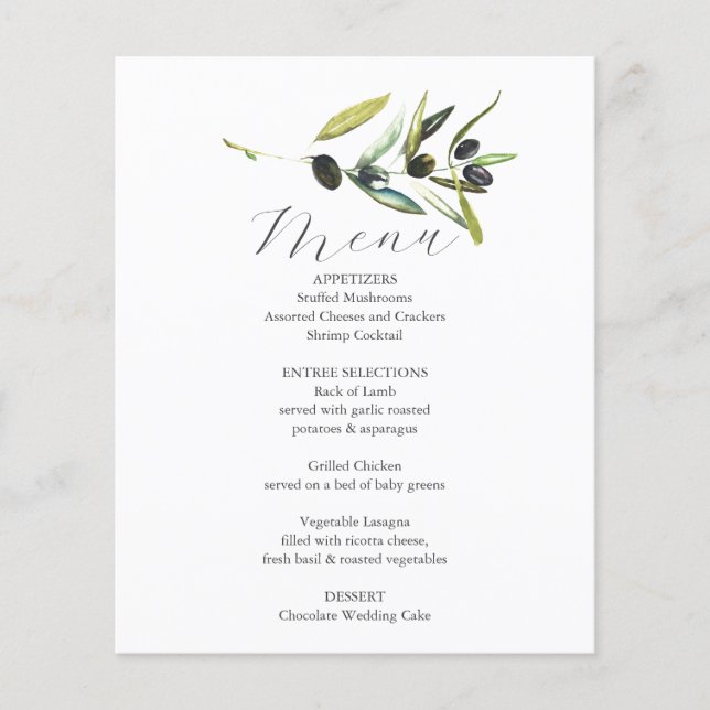 Mariage Menus Élégante Branche d'olives botaniques (Devant)