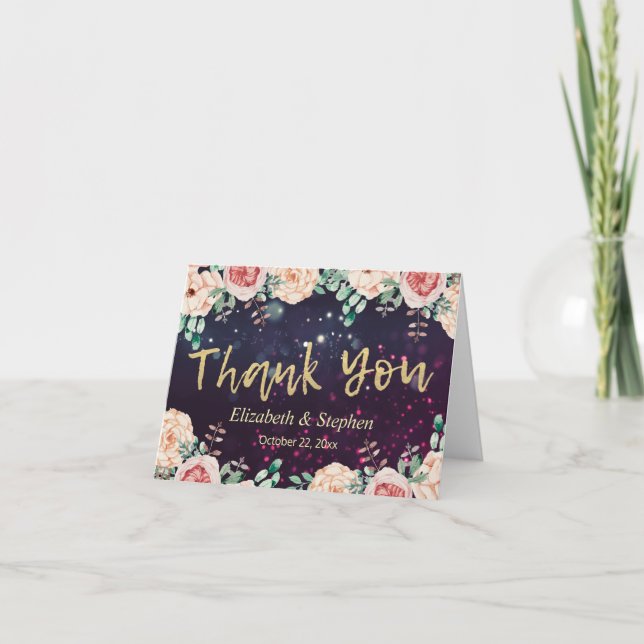 Mariage Merci moderne Floral Purple Gold Script (Devant)