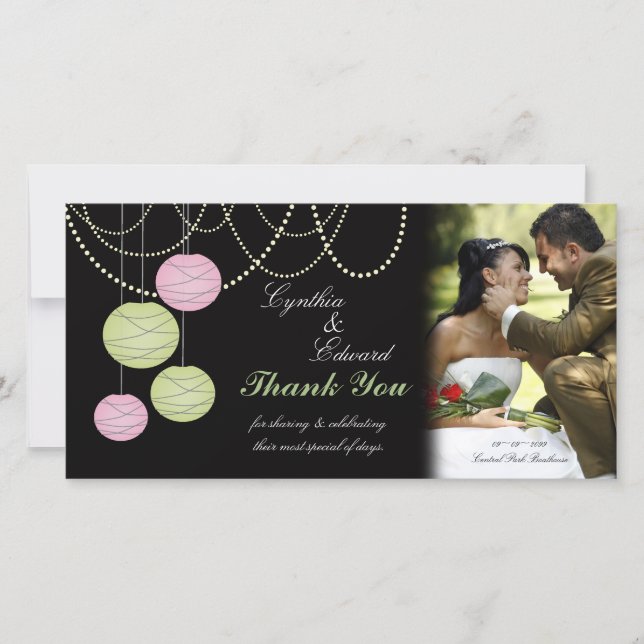 Mariage Merci rose vert lanternes Carte photo (Devant)