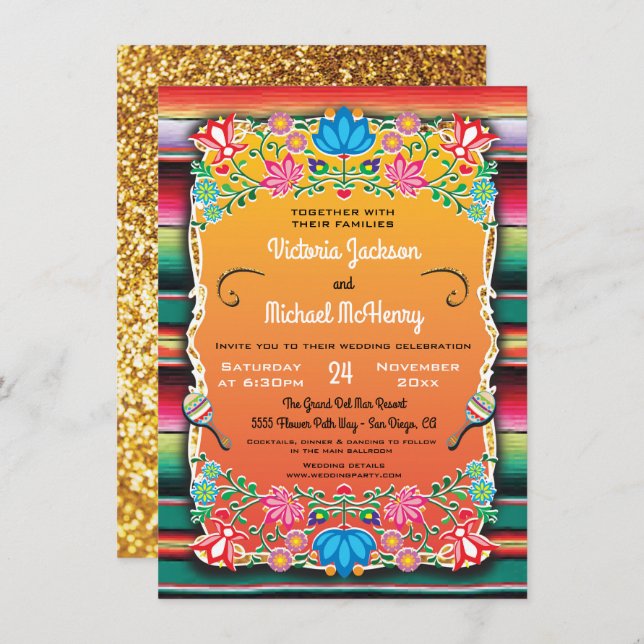 Mariage mexicain Rug et Faux Gold invitation (Devant / Derrière)