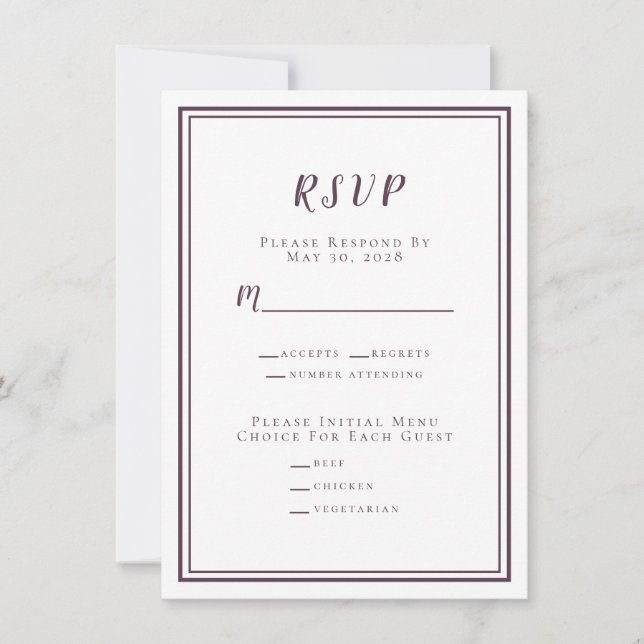 Mariage minimaliste RSVP Menu Violet Blanc (Devant)