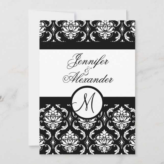 Mariage Monogram Damask Black & White Invitation (Devant)