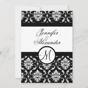 Mariage Monogram Damask Black & White Invitation