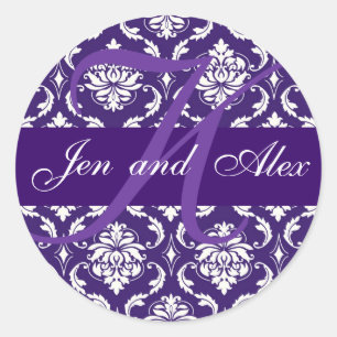 Mariage Monogram K Purple Damask Faveur Sticker